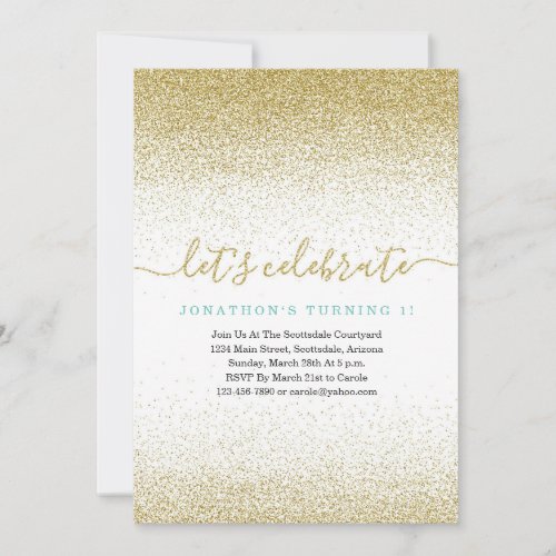 Blue & Gold Glitter 1st Birthday Invitation  FIRST - All that glitters is gold.  Add some sparkle to your celebration with a glam-tastic invitation.
