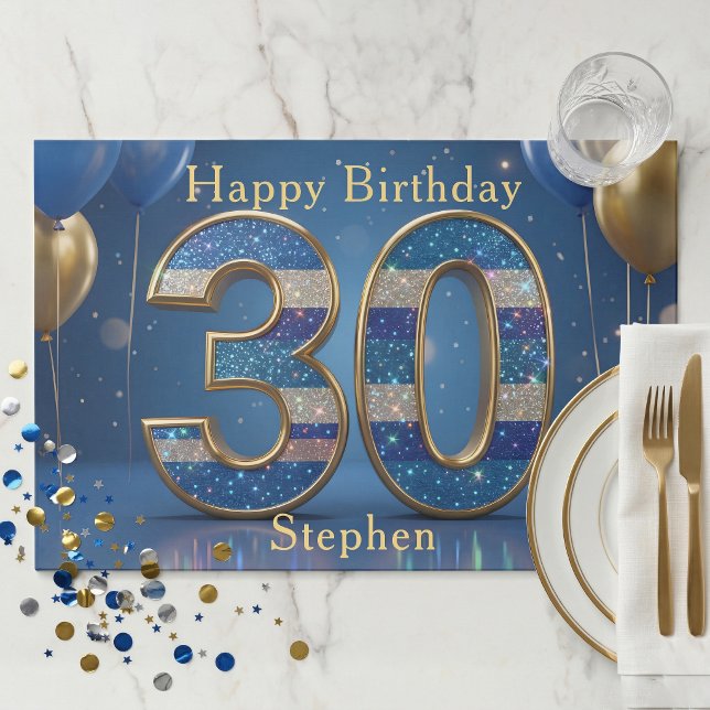 Blue Gold Glitter 30th Birthday Paper Placemat (Creator Uploaded)