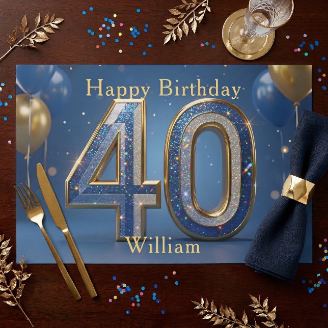 Blue Gold Glitter 40th Birthday Paper Placemat (Creator Uploaded)