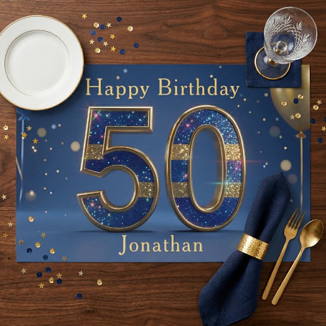 Blue Gold Glitter 50th Birthday Paper Placemat (Creator Uploaded)