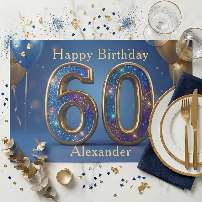 Blue Gold Glitter 60th Birthday Paper Placemat (Creator Uploaded)