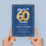 Blue Gold Glitter 60th Birthday Party Invitation<br><div class="desc">Elegant sixtieth birthday party invitation featuring a trendy blue background that can be changed to any color,  gold sparkly glitter,  sixty gold hellium balloons,  and a modern 60th birthday celebration text template that is easy to personalize.</div>
