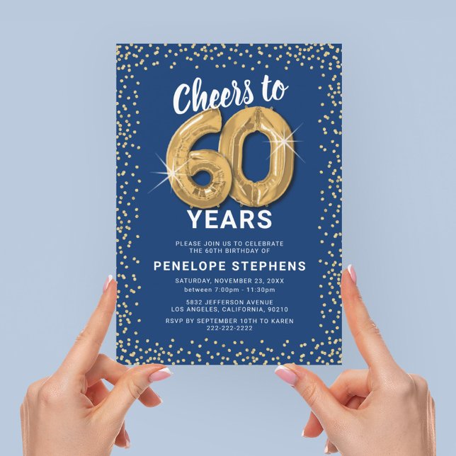 Blue Gold Glitter 60th Birthday Party Invitation (Creator Uploaded)
