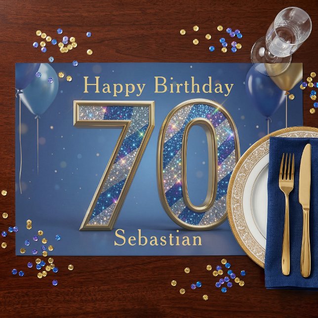 Blue Gold Glitter 70th Birthday Paper Placemat (Creator Uploaded)