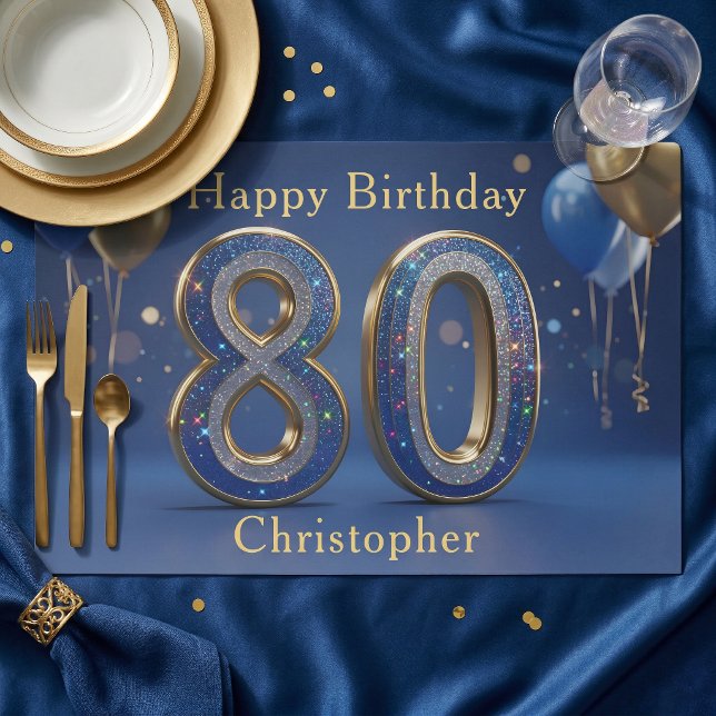 Blue Gold Glitter 80th Birthday Paper Placemat (Creator Uploaded)