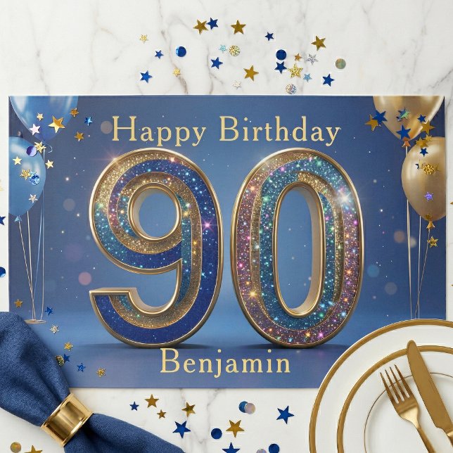 Blue Gold Glitter 90th Birthday Paper Placemat (Creator Uploaded)