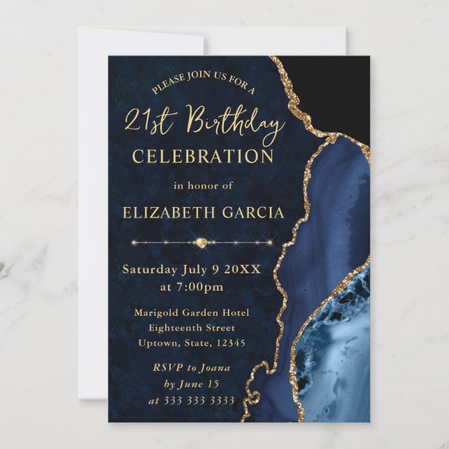 Blue & Gold Glitter Agate and marble Birthday Invitation (Front)