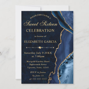 Blue & Gold Glitter Agate and marble Sweet 16 Invitation