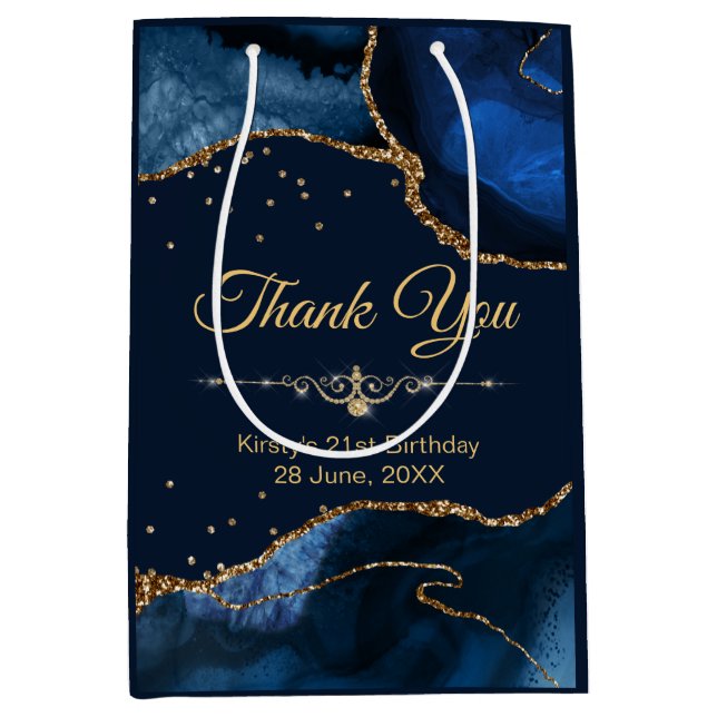 Blue & Gold Glitter Agate Birthday Thank You  Medium Gift Bag (Front)