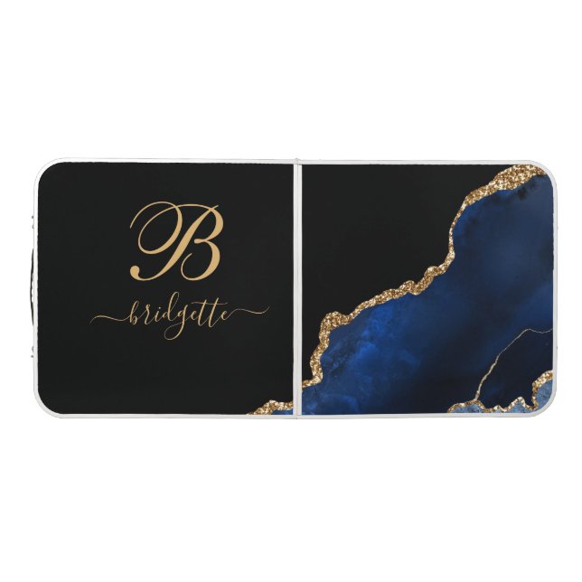  Blue Gold Glitter Agate Geode Monogram  Beer Pong (Top)