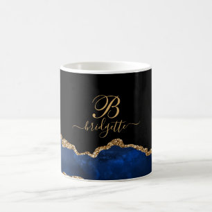 Blue Gold Glitter Agate Geode Monogram Coffee Mug