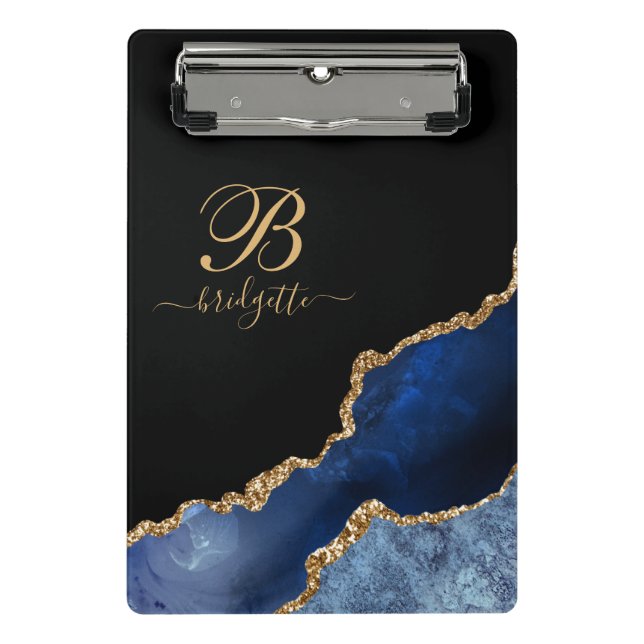 Blue Gold Glitter Agate Geode Monogram Mini Clipboard (Front)