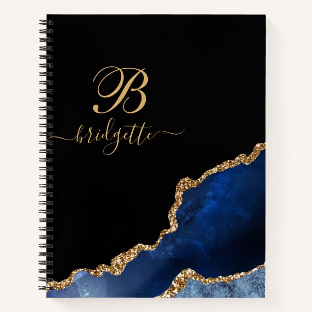  Blue Gold Glitter Agate Geode Monogram Notebook (Front)