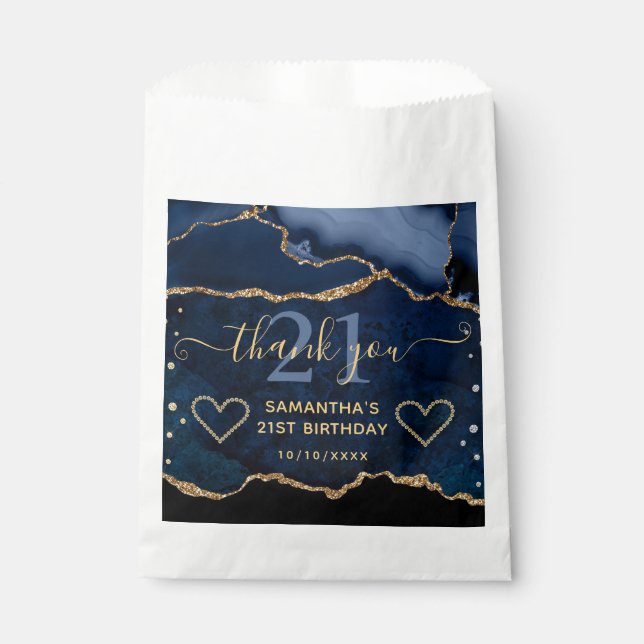 Blue & Gold Glitter Agate Marble 21st Birthday  Favor Bag (Front)