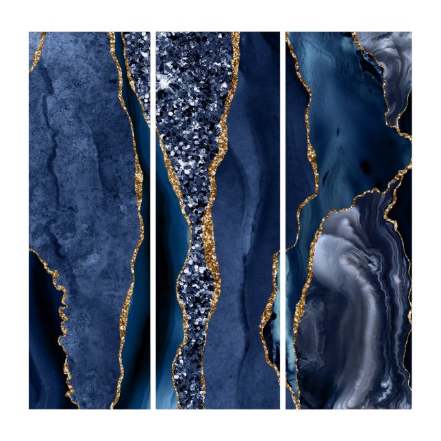 Blue Gold Glitter Agate Marble 3 Panel Triptych (Front)
