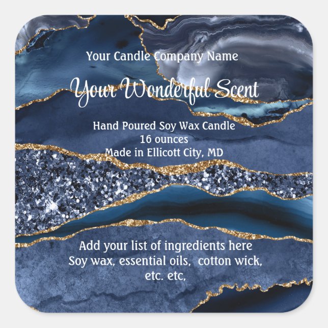  Blue Gold Glitter Agate Marble Candle Labels (Front)