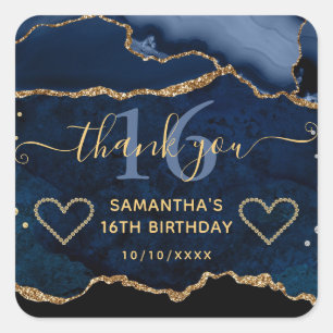 Blue & Gold Glitter Agate Marble Sweet 16 Square Sticker