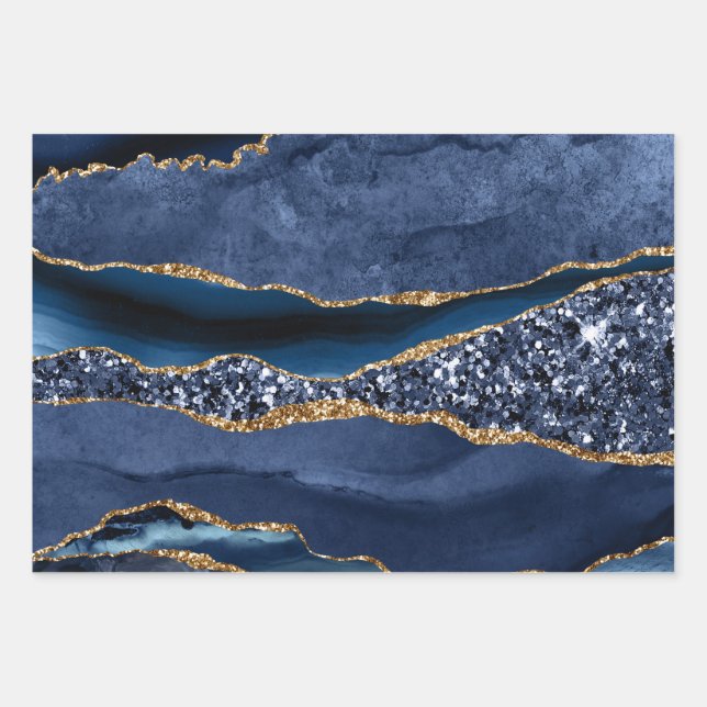 Blue Gold Glitter Agate Marble Trendy  Wrapping Paper Sheets (Front)