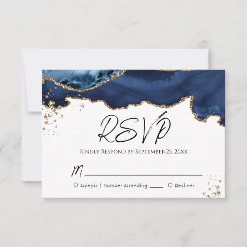 Blue Gold Glitter Agate Stone Wedding RSVP Card