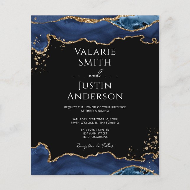 Blue Gold Glitter Agate Wedding Invitation (Front)
