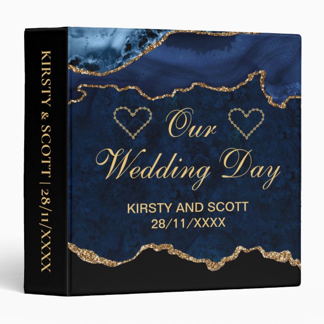 Blue & Gold Glitter Agate Wedding Photo Album 3 Ring Binder (Front/Spine)