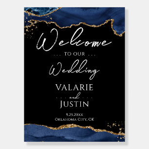 Blue Gold Glitter Agate Wedding Welcome Sign