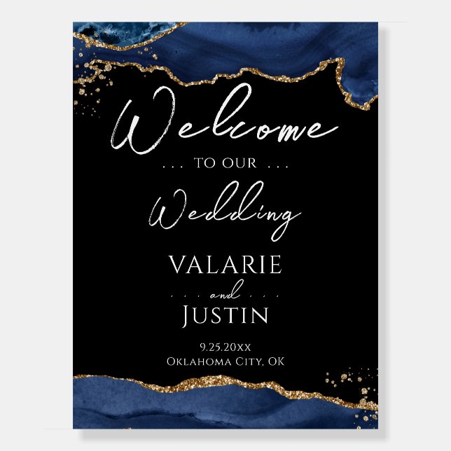 Blue Gold Glitter Agate Wedding Welcome Sign (Front)