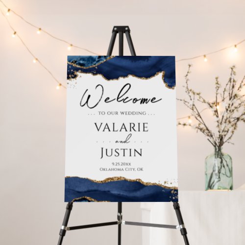 Blue Gold Glitter Agate Wedding Welcome Sign