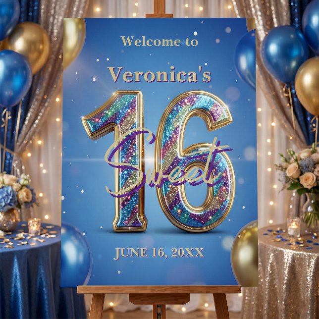 Blue Gold Glitter Balloons Sweet 16 Birthday Party Foam Board (Creator Uploaded)