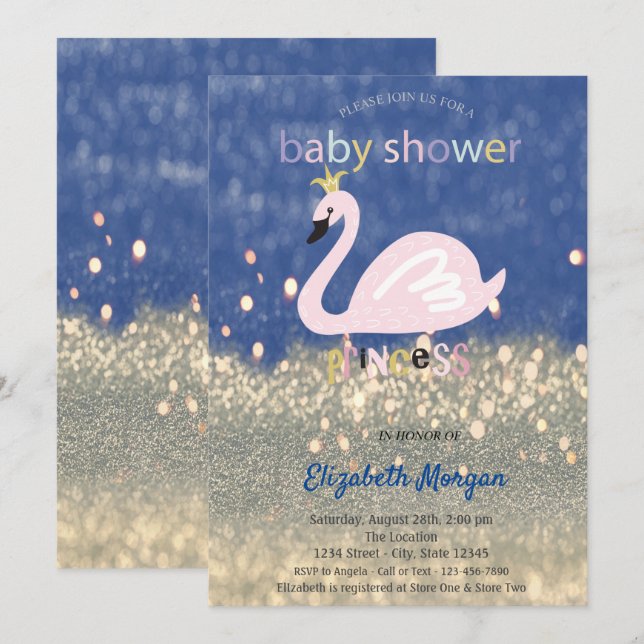 Blue, Gold Glitter Bokeh,Swan Baby Shower Invitation (Front/Back)