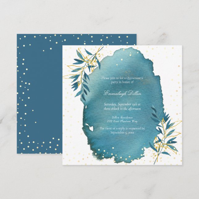 Blue Gold Glitter Botanical Quinceanera Party Invitation (Front/Back)