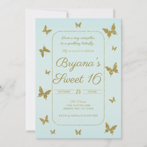 Blue &amp; Gold Glitter Butterfly Sweet 16 Party Invitation