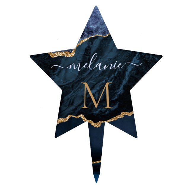 Blue Gold Glitter Cake Topper Custom Name Letter (Front)