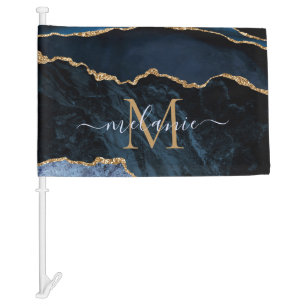 Blue Gold Glitter Car Flag Custom Letter and Name