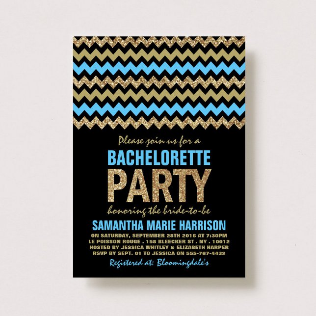 Blue & Gold Glitter Chevron Bachelorette Party Invitation (Creator Uploaded)