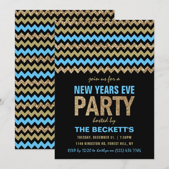 Blue & Gold Glitter Chevron New Years Party Invitation (Front/Back)