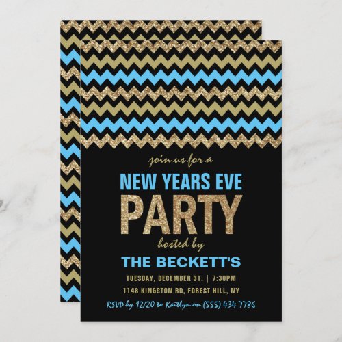 Blue  Gold Glitter Chevron New Years Party Invitation