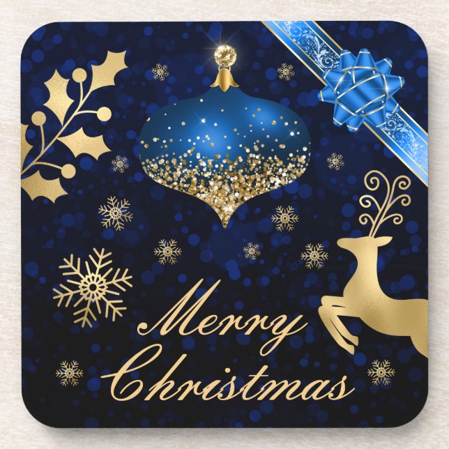 Blue & Gold Glitter Christmas bauble and Ribbon Beverage Coaster (Front)