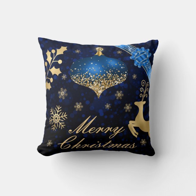 Blue & Gold Glitter Christmas bauble and Ribbon Throw Pillow (Front)