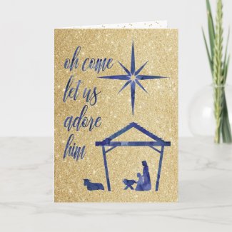 Blue Gold Glitter Christmas Night Greeting Card