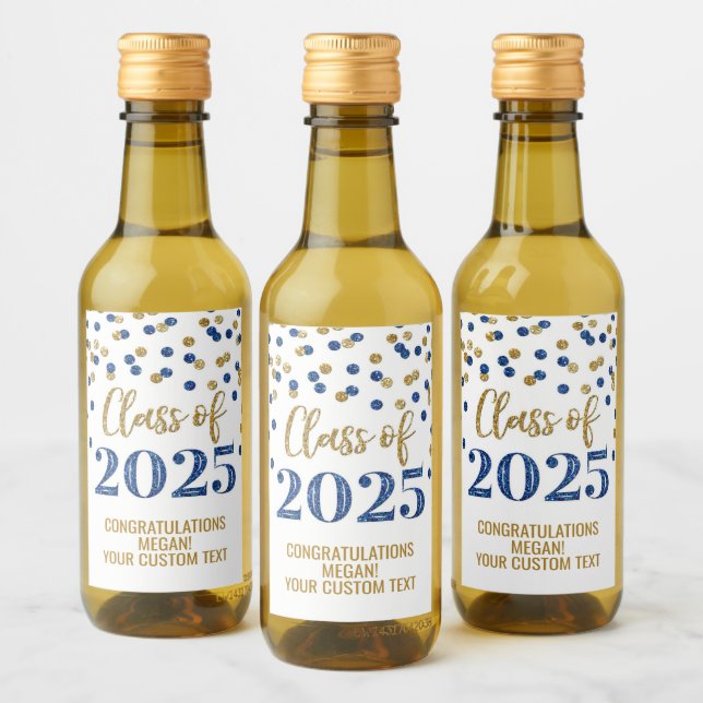 Blue Gold Glitter Class of 2025 Graduation Wine Label (Bottles)