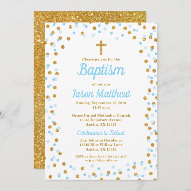 Blue & Gold Glitter Confetti Baptism Invitation (Front/Back)