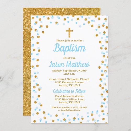 Blue  Gold Glitter Confetti Baptism Invitation