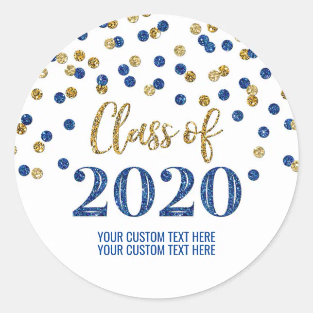 Blue Gold Glitter Confetti Graduation 2020 Classic Round Sticker | Zazzle