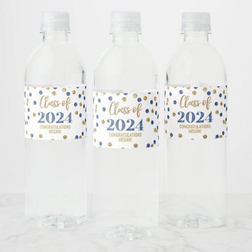 Blue Gold Glitter Confetti Graduation Water Bottle Label