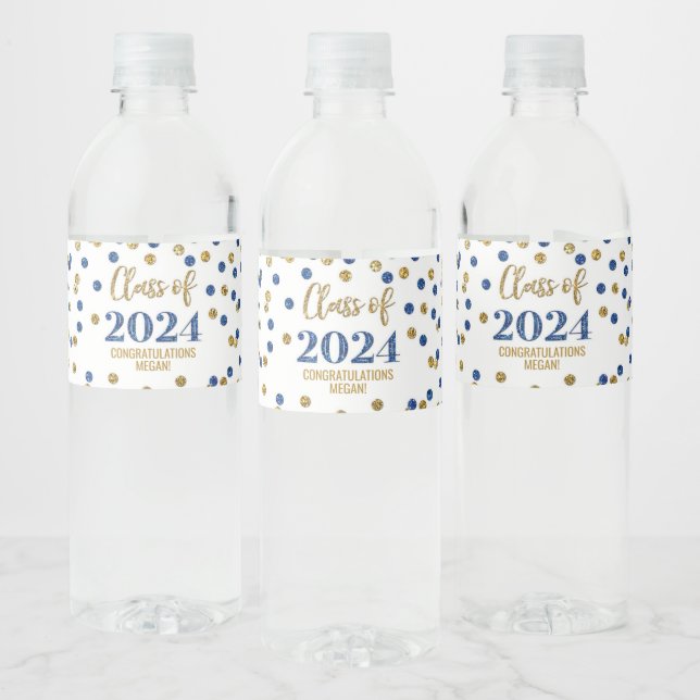 Blue Gold Glitter Confetti Graduation Water Bottle Label (Bottles)