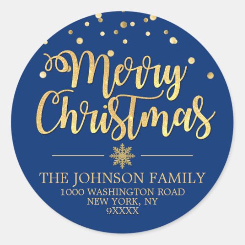 Blue Gold Glitter Confetti Merry Christmas Address Classic Round Sticker