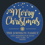 Blue Gold Glitter Confetti Merry Christmas Address Classic Round Sticker<br><div class="desc">Lovely personalized calligraphy script Merry Christmas Holiday return address stickers to add to your envelopes,  greeting cards and/or gifts.  BLUE background (can be changed to any color) color with faux gold glitter confetti and snowflake.  Perfect for any holiday occasion. Editable template labels.</div>
