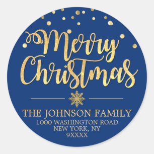 Blue Gold Glitter Confetti Merry Christmas Address Classic Round Sticker
