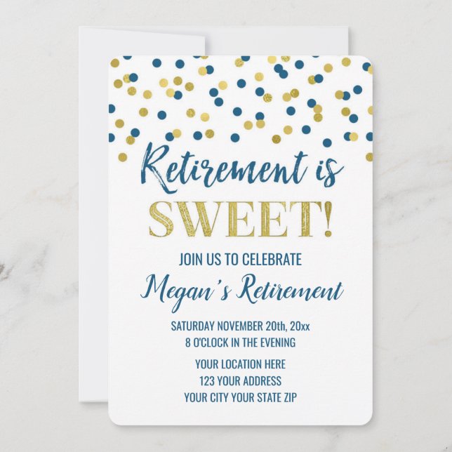 Blue Gold Glitter Confetti Retirement Party Invitation (Back)